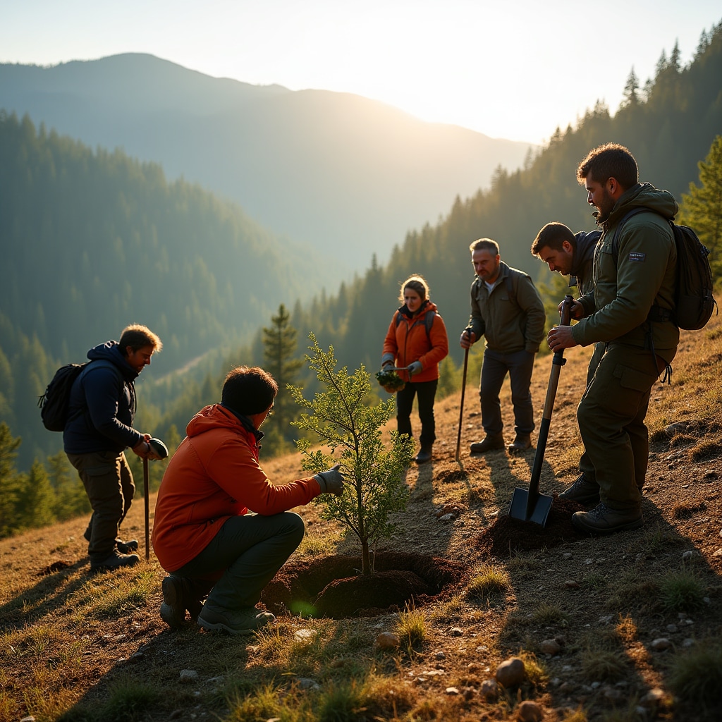 Voluntari plantând puieți în pădurile Carpaților