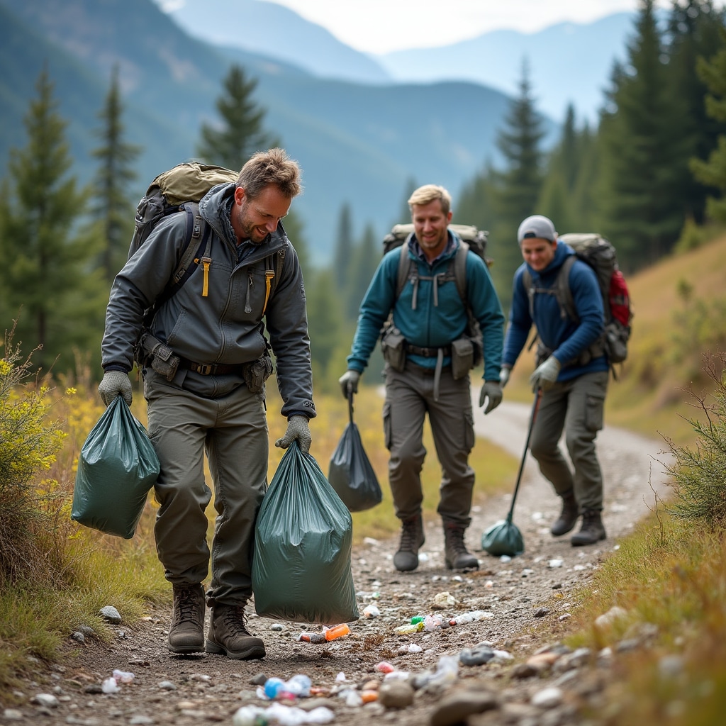 Echipă de voluntari curățând traseu montan în Carpați