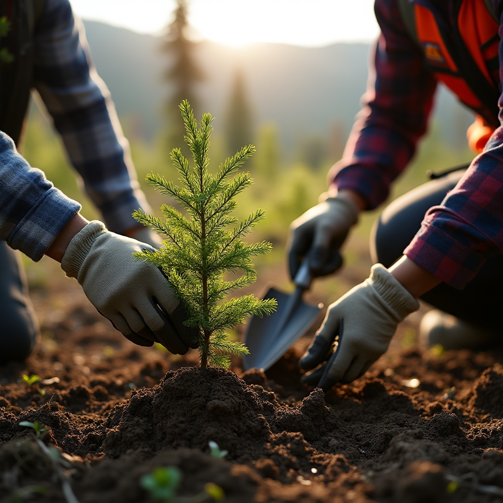 Voluntari plantând puieți în Carpați